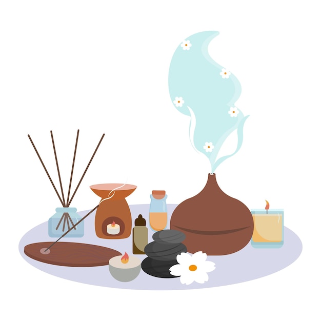 Composition avec accessoires d'aromathérapie Diffuseur d'arômes d'huiles essentielles bougies allumées et plus
