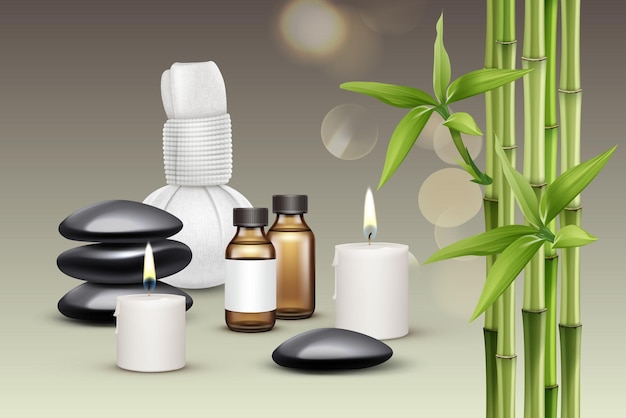 Vecteur composition d'accessoires de massage. huile, bougies, pierres, compresse aux herbes, arôme, bambou.