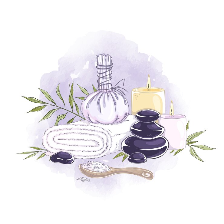 Vecteur composition d'accessoires pour massage aromatique et soins spa.