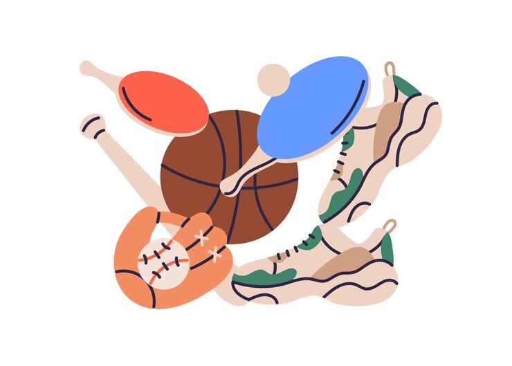 Vecteur composition d'accessoires sportifs sneakers équipement de remise en forme pour l'entraînement physique articles de salle de sport entraîneurs balle de baseball batte illustration vectorielle plate isolée sur fond blanc