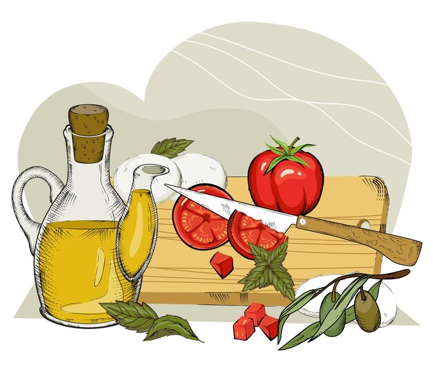 Composition Alimentaire Avec De L'huile D'olive Et Des Tomates Mozzarella Ou Vecteur De Fromage Feta