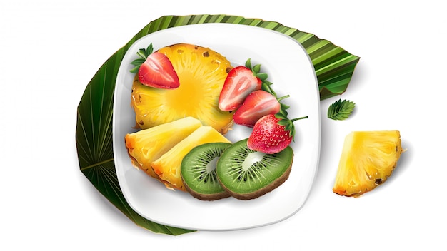 Composition D'ananas, De Kiwi Et De Fraises Sur Une Plaque Blanche Et Des Feuilles.