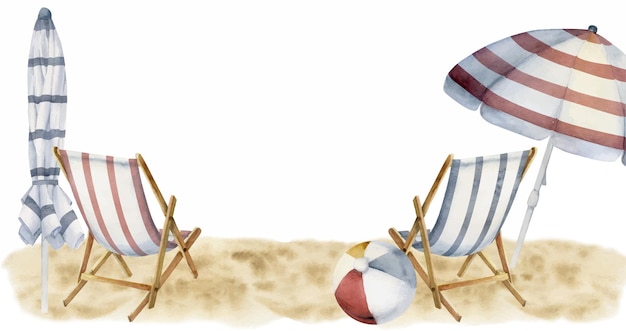 Composition Aquarelle Dessinée à La Main Accessoires De Plage Rayés Parasols Et Chaises Sur Le Sable Isolé Sur Fond Blanc Conception Murale Art Mariage Impression Tissu Couverture Carte Tourisme Livret De Voyage