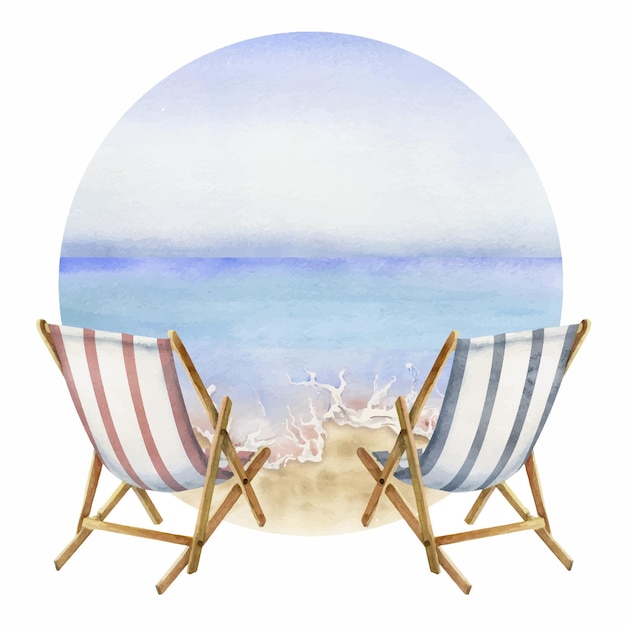 Composition aquarelle dessinée à la main Paysage marin avec des chaises de plage rayées vague sur le sable vue sur la mer Isolé sur fond blanc Conception murale art mariage impression tissu couverture carte tourisme voyage livret