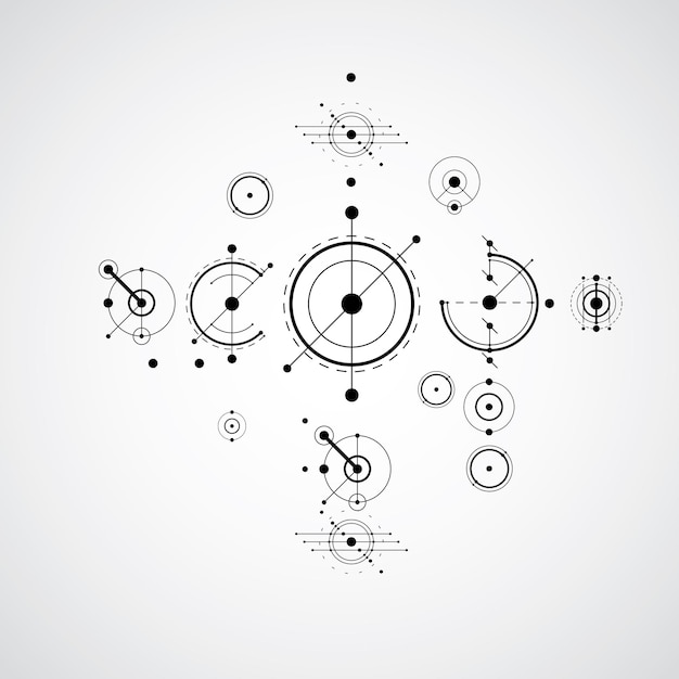 Composition d'art Bauhaus, papier peint vectoriel décoratif modulaire en niveaux de gris avec cercles et grille. Motif de style rétro, toile de fond graphique à utiliser comme modèle de couverture de livret.