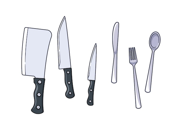 Composition d'articles de cuisine avec fourchette et cuillère couverts différents couteaux isolés sur fond blanc