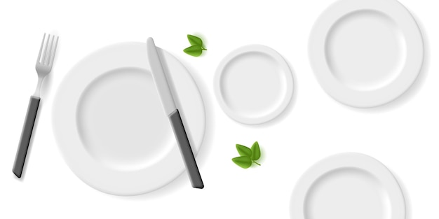 Composition D'assiettes Vides Réalistes Pour Plats Avec Couverts Et éléments De Feuilles Vertes