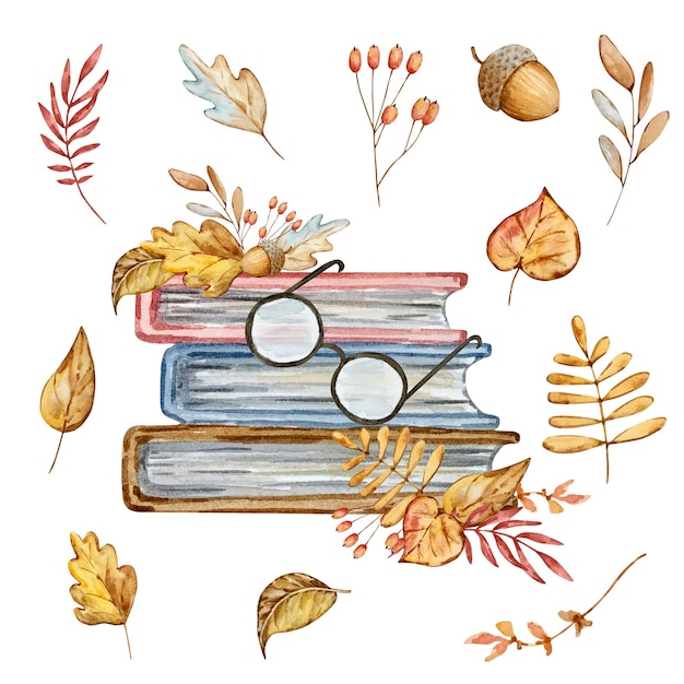 Composition d'automne aquarelle de lunettes et de feuilles de livre