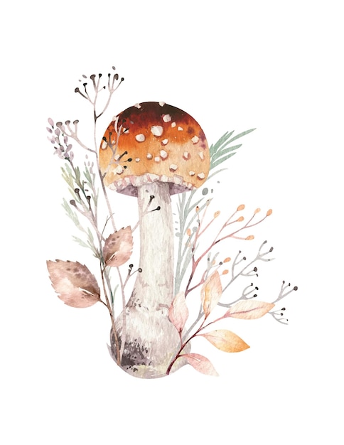 Composition D'automne Aquarelle Style Vintage Illustration Peinte à La Main Avec Des Feuilles D'herbes Champignons