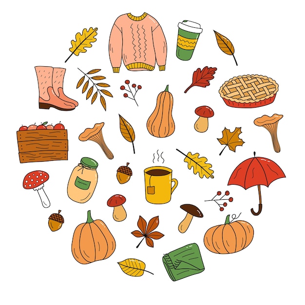 Composition d'automne en forme de cercle dans le style doodle Illustration vectorielle en couleur