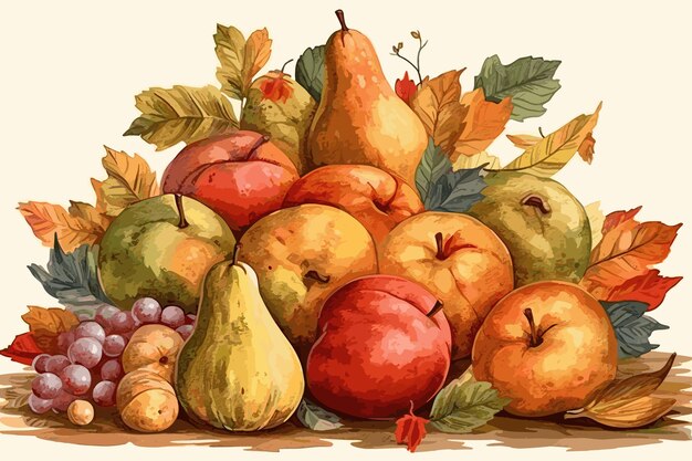 Composition D'automne De Fruits Sur Un Fond Blanc Isolé Aquarelle Dessin à La Main