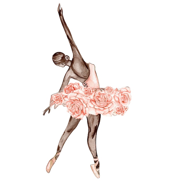 Composition De Ballerine Dansante Aquarelle Avec Fleurs. Jolie Ballerine Rose. Main Aquarelle Dessiner Il