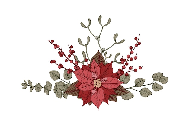 Composition Botanique De Noël Avec Fleur De Poinsettia Et Gui