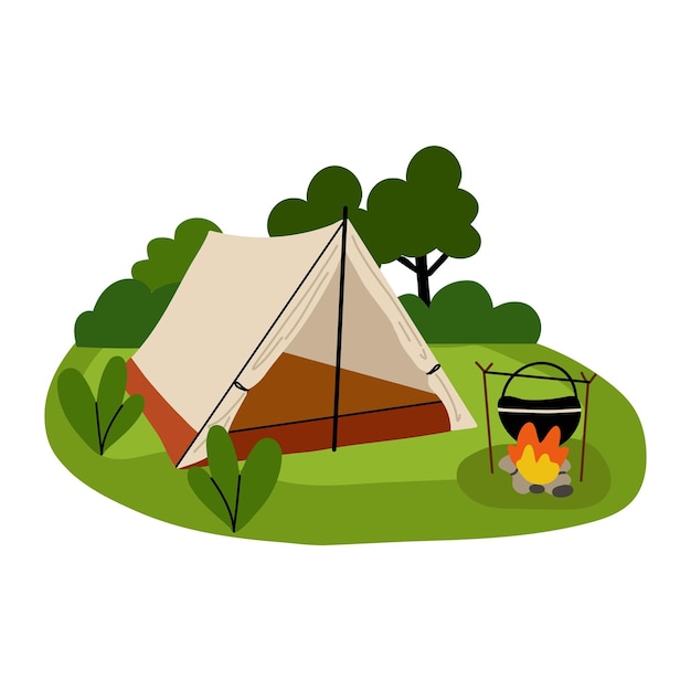 Composition de camping Paysage avec des arbres et des buissons Tente de camping et feu de joie Camping touristique aventure en plein air Camping dans la forêt Tourisme de randonnée Vacances d'été Cartoon vectoriel illustration plate