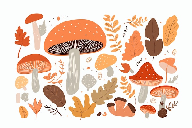 Composition De Champignons D'automne Dans Un Style Doodle Isolé Sur Fond Blanc Illustration De Dessin Animé De Vecteur