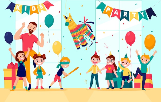 Composition Colorée De Pinatas Mexicaines Enfant Aux Yeux Bandés Bat Une Pinata Avec Une Chauve-souris à L'illustration Vectorielle De Fête Pour Enfants