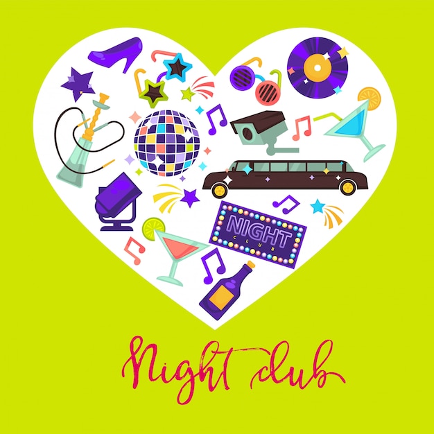 Composition De Conception Promotionnelle De Club De Nuit Avec Attributs Pour Le Plaisir Dans Le Coeur