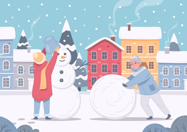 Composition de dessin animé d'activités de loisirs de sports d'hiver avec vue sur la gamme de maisons de ville et les enfants faisant une illustration de bonhomme de neige