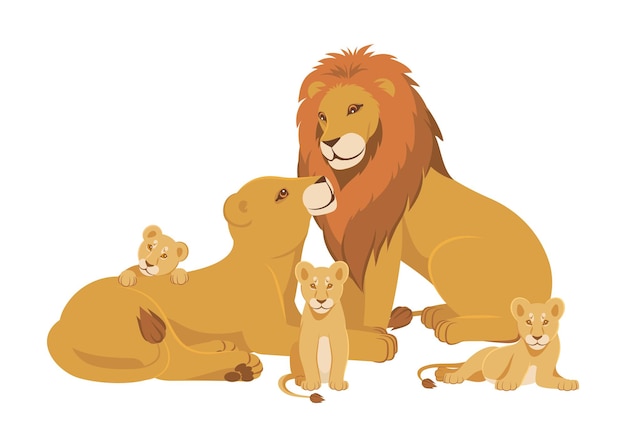 Vecteur composition de dessin animé de famille de lion avec père mère lionne et trois petits illustration vectorielle