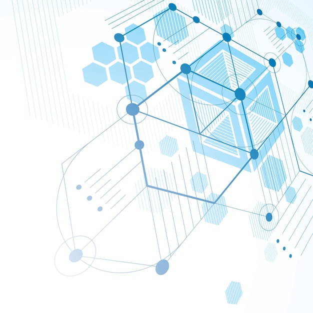 Vecteur composition dimensionnelle de l'art bauhaus, fond d'écran vectoriel modulaire bleu en perspective avec nids d'abeilles. motif de style rétro, toile de fond graphique à utiliser comme modèle de couverture de livret.