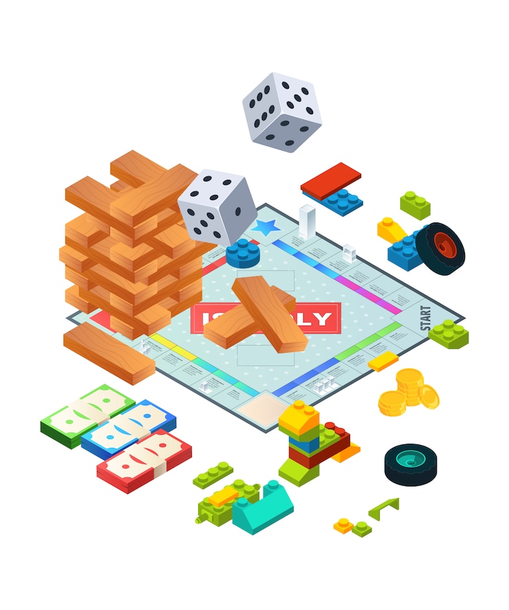 Vecteur composition de divers jeux de société. images de fond isométriques de jeux de société
