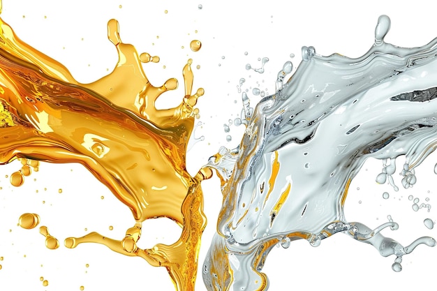 Une composition dynamique de deux formes liquides l'une en or et l'autre en argent se heurtant sur un fond blanc