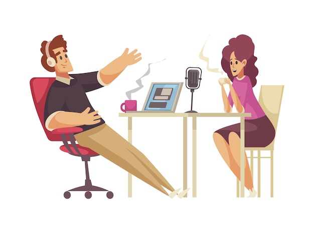 Composition D'enregistrement De Studio De Radio Avec Des Personnages D'homme Et De Femme Dans Des écouteurs Avec Illustration Vectorielle Café Et Micro