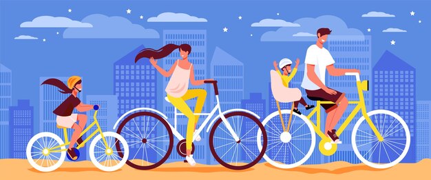 Vecteur composition extérieure de bicyclette de vacances actives en famille avec un groupe de personnages humains faisant du vélo d'illustration de taille différente