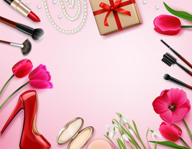Composition féminine avec un espace rose vide entouré de fleurs, de produits cosmétiques et de cadeaux