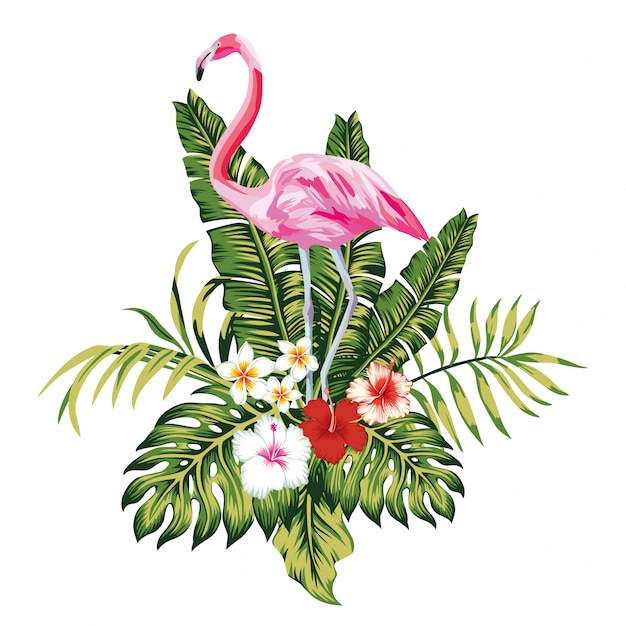 Vecteur composition de flamant rose tropical feuilles et fleurs