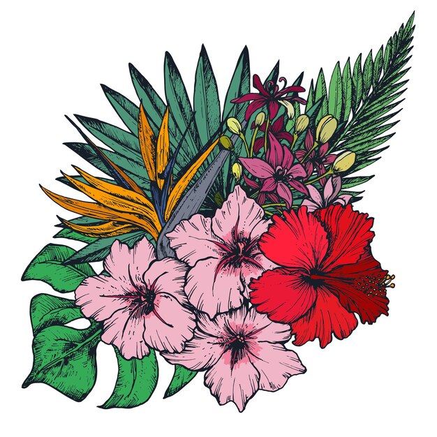 Composition De Fleurs Tropicales Colorées Dessinées à La Main, Feuilles De Palmier, Plantes De La Jungle, Bouquet Paradisiaque. Belle Illustration Florale Isolée Sur Fond Blanc