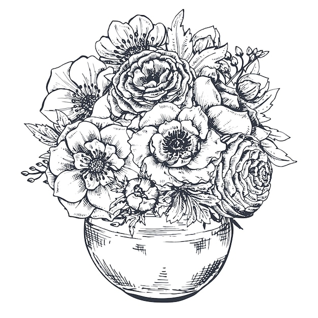 Composition florale. Bouquet avec fleurs et plantes printanières dessinées à la main. Monochrome