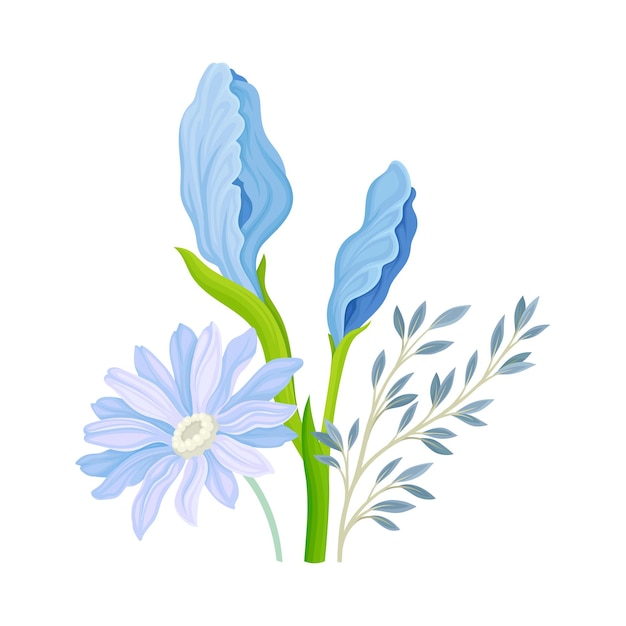 Vecteur composition florale avec une fleur d'iris sur une illustration vectorielle de tige verticale verte