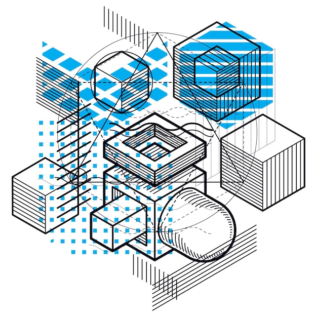 Composition de formes 3D abstraites, fond isométrique vectoriel. Composition de cubes, hexagones, carrés, rectangles et différents éléments abstraits.