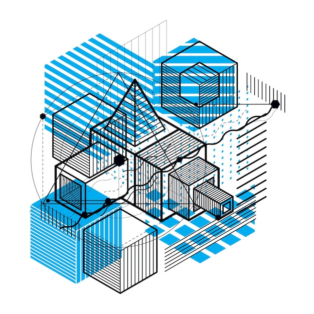Composition de formes 3D abstraites, fond isométrique vectoriel. Composition de cubes, hexagones, carrés, rectangles et différents éléments abstraits.
