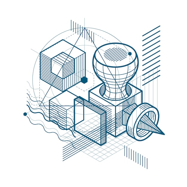 Composition de formes 3D abstraites, fond isométrique vectoriel. Composition de cubes, hexagones, carrés, rectangles et différents éléments abstraits.