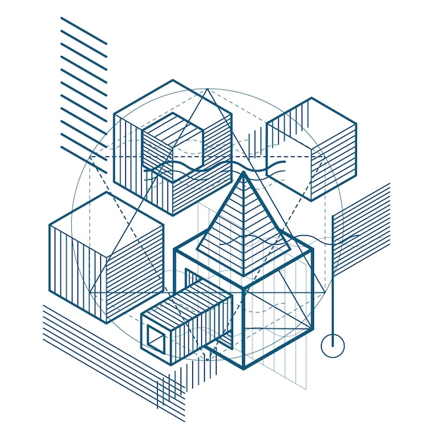 Composition de formes 3D abstraites, fond isométrique vectoriel. Composition de cubes, hexagones, carrés, rectangles et différents éléments abstraits.