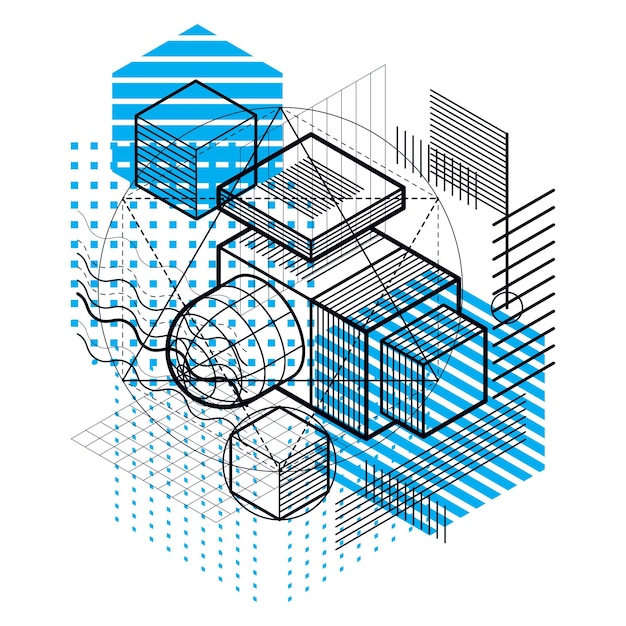 Composition de formes 3D abstraites, fond isométrique vectoriel. Composition de cubes, hexagones, carrés, rectangles et différents éléments abstraits.