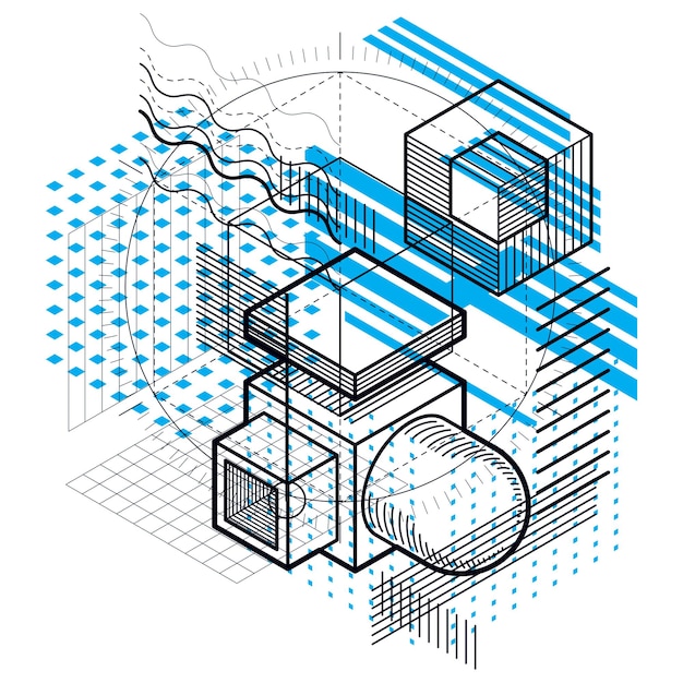 Vecteur composition de formes 3d abstraites, fond isométrique vectoriel. composition de cubes, hexagones, carrés, rectangles et différents éléments abstraits.