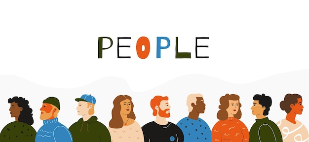 Une composition horizontale d'un groupe diversifié de personnes stylisées de différentes nationalités
