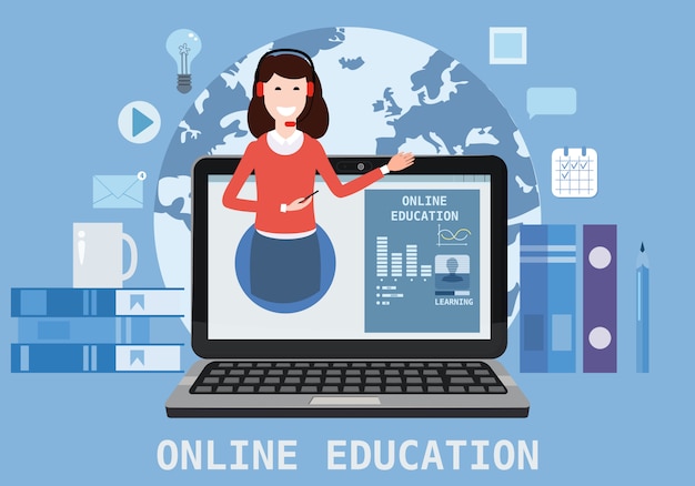 Composition D'icônes De Webinaire éducation En Ligne Avec Des Femmes Formateur Enseignant Entraîneur Sur Ordinateur Portable