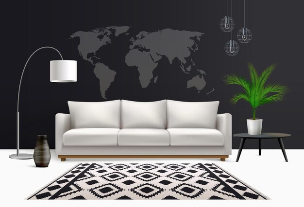 Vecteur composition intérieure réaliste avec lampe de canapé blanche et fleur en pot avec papier peint et tapis de carte du monde
