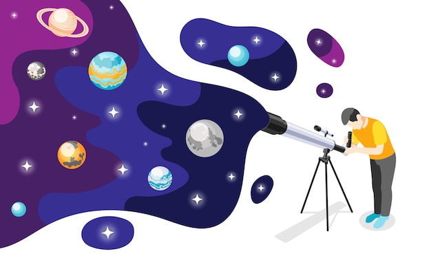 Vecteur composition isométrique d'astronomie avec des images d'homme avec télescope et tache colorée avec illustration d'étoiles de planètes spatiales