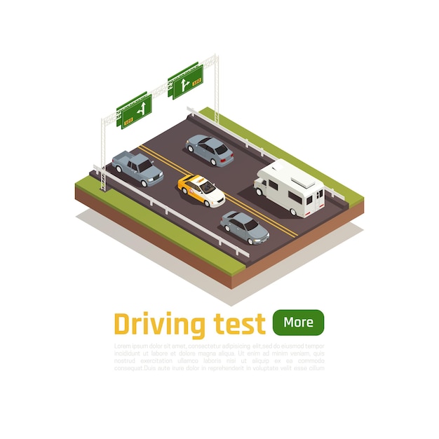 Composition isométrique de l'école de conduite avec texte modifiable bouton plus et images d'autoroute avec véhicule d'entraînement