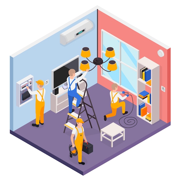 Composition Isométrique De L'électricité Avec Des électriciens Vérifiant Et Installant Des équipements électriques 3d