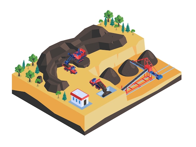 Vecteur composition isométrique de l'exploitation minière à ciel ouvert de l'industrie minière avec pelle de camions de déchets de roches enlevant les minerais illustration vectorielle de l'empileur de minéraux