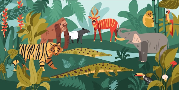 Composition de la jungle du paysage sauvage avec beaucoup de fleurs plantes et animaux africains bêtes et oiseaux illustration vectorielle