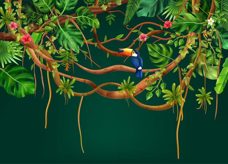 Vecteur composition de jungle de liane réaliste avec des branches d'arbres exotiques avec des feuilles de fleurs et d'oiseaux
