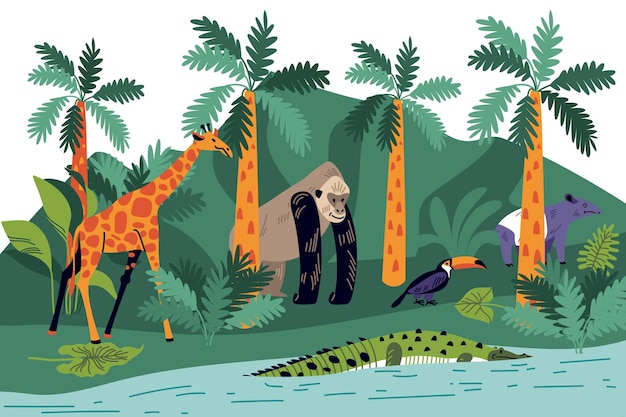 Composition De La Jungle Avec Des Paysages Sauvages Et Des Palmiers De Plantes Exotiques Avec Girafe Crocodile Et Gorille Avec Illustration Vectorielle Toucan