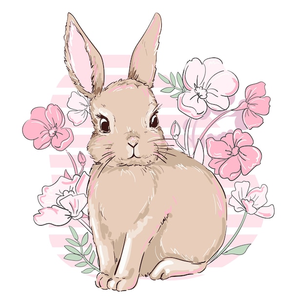 Composition de lapin et de fleurs mignon dessiné à la main